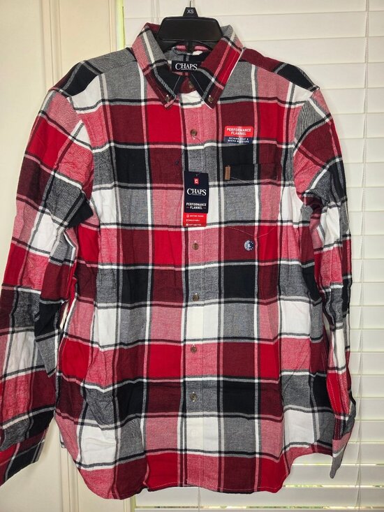 Chaps Other - Chaps Mens Performance Flannel Shirt L Red Black Plaid LS Button-up Cotton